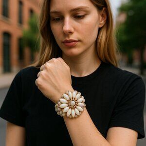 Elegant White and Gold Floral Stretch Bracelet
